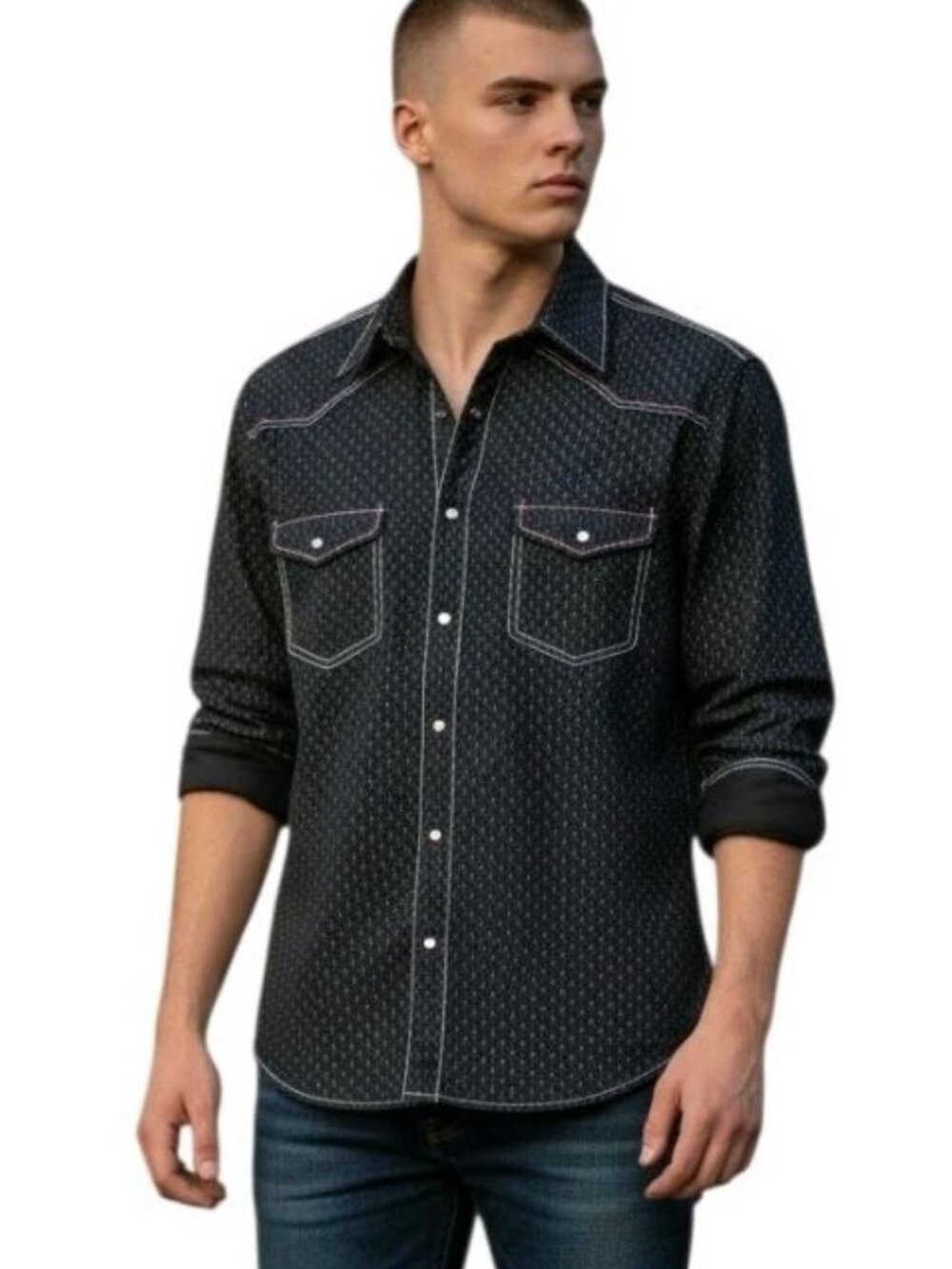 Rock & Roll Cowboy Mens Western Shirt Pearl Snap Y2K Cotton Rodeo Navy Print Med